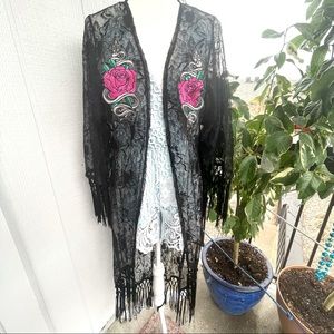 Black Lace kimono with rose patches